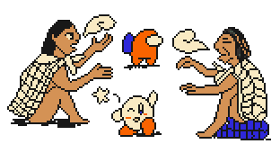 Ilustración pixel art animada: dos personajes extendiendo los brazos hacia un pollito y un ave naranja en el centro